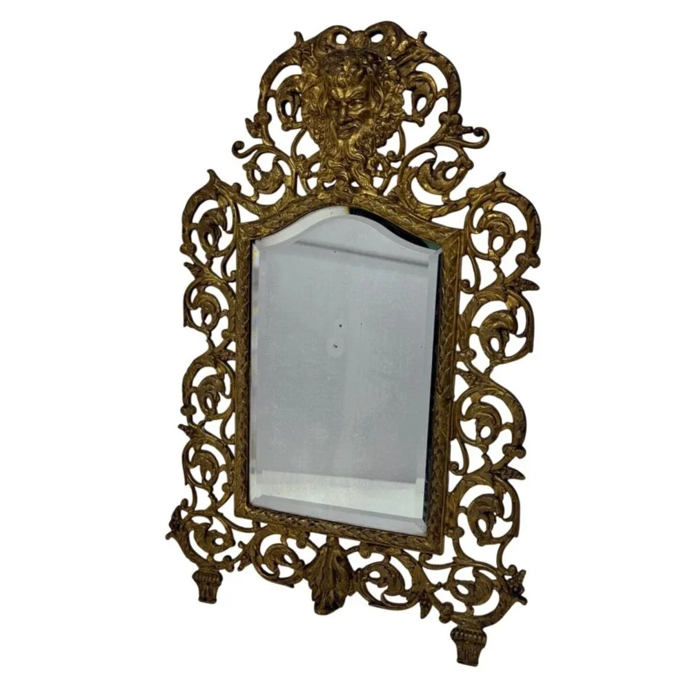 1800s Antique Victorian Bacchus Gilded Brass Wall Mirror Beveled Glass